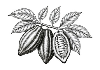 Vintage illustration of a cocoa pod branch with ripe fruits, showcasing the raw ingredients for chocolate making