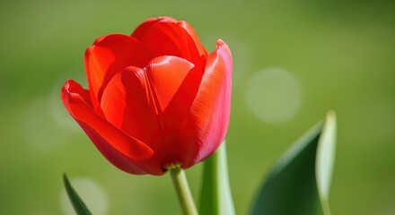 Fototapeta premium Close up of a single bright red tulip blooming in a sunny garden with soft green background
