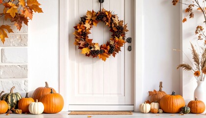 Obraz premium Puerta de madera decorada con corona de hojas secas y calabazas