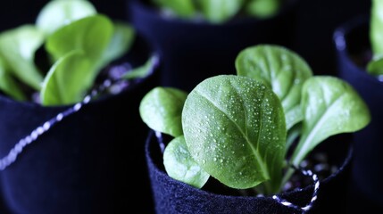 Fresh green seedlings thriving in felt pots under gentle light in a home garden setting