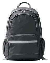 Fototapeta premium Black modern backpack with multiple compartments and zipper pockets isolated on white background