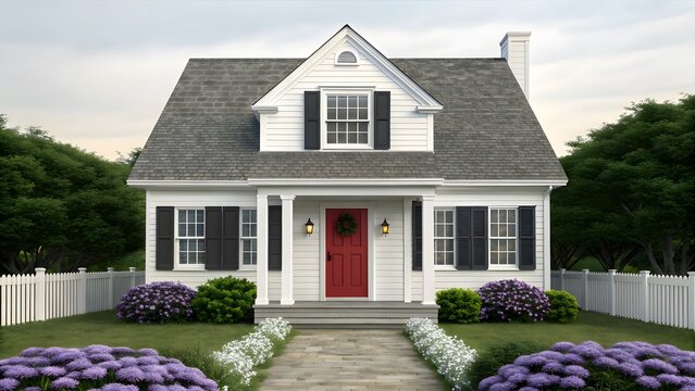 Charming white victorian cottage with red door and lush gardens