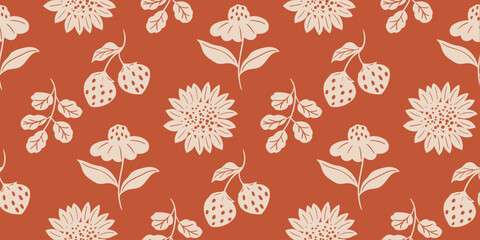 Obraz na płótnie Canvas Autumn season seamless pattern background vector. Fall harvest wallpaper with strawberry, sunflower, leaves. Design for print, cover, fabric, packaging, wall art, home decor. 