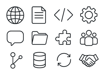 Open Source Icons. Outline icon set of open-source development: globe, document, code brackets, gear, chat