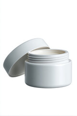 Refreshing white cosmetic container with an open lid, revealing smooth, pleasing balm