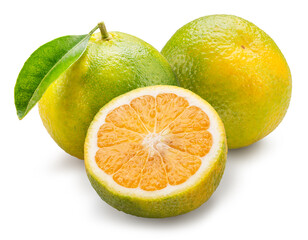 Green tangerine and cross section of tangerine fruit isolated on white background. File contains clipping paths.