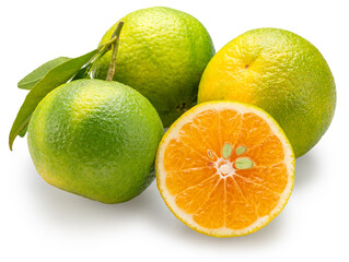 Green tangerine and cross section of tangerine fruit isolated on white background. File contains clipping paths.