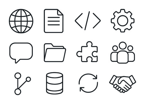 Open Source Icons. Outline icon set of open-source development: globe, document, code brackets, gear, chat