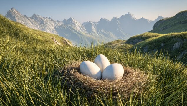 Three white eggs nestled in a nest amidst tall grass, with majestic mountains in the background