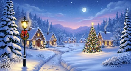 Fototapeta premium Enchanting Snowy Village Scene with a Decorated Christmas Tree and Warmly Lit Houses