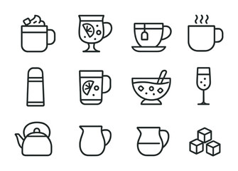 Obraz premium Seasonal Drink Icons. Outline icon set of seasonal drinks: hot cocoa, mulled wine, tea cup, coffee mug,