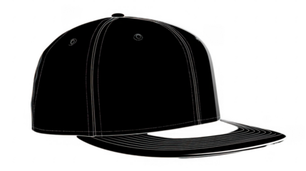 Black snapback cap with white stitching isolated on black background showing side and brim details