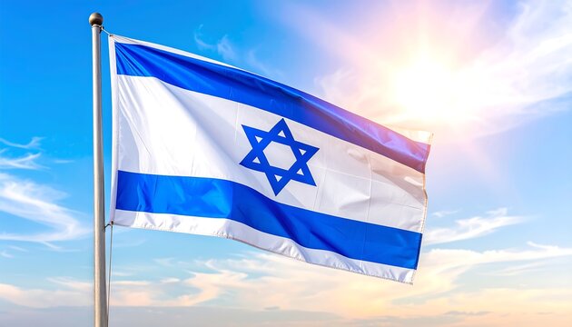 Israeli flag waving in bright blue sky - Powered by Adobe