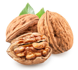 Whole walnuts and split walnut with kernel inside it isolated on white background. Clipping path.