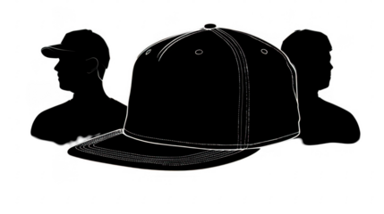 Black silhouette of two people wearing baseball caps with a detailed cap outline in the center