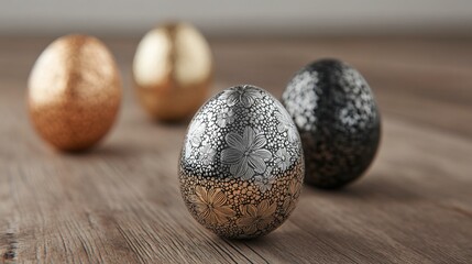 Fototapeta premium Decorative eggs with floral patterns arranged on wooden surface