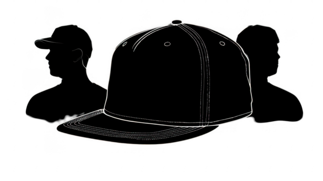 Black silhouette of two people wearing baseball caps with a detailed cap outline in the center