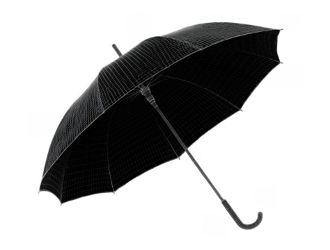 Black umbrella with a curved handle isolated on a transparent background in a wireframe style