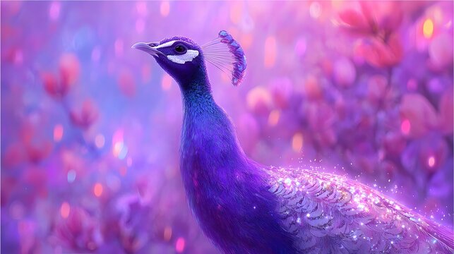 A vibrant purple peacock, adorned with shimmering details, stands amidst a soft, out-of-focus background of blossoming pink flowers.