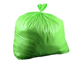 Bright green plastic garbage bag tightly tied and filled with waste isolated on black background