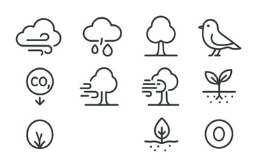 Environmental Benefits Icons. Outline icon set of environmental benefits: clean air, water cycle, shade,