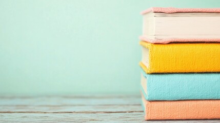 Colorful stacked books on a rustic wooden surface against a pastel wall
