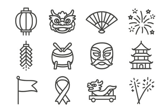 Holiday Fireworks Icons. Outline icon set of traditional holiday fireworks: lantern, dragon, fan, fireworks,