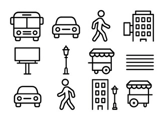 City Icons Grid. Outline icon set of crowded city street: bus, car, pedestrian, building, billboard, lamppost,