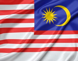 Malaysian flag with 14 red-white stripes, blue canton, yellow crescent, and 14-point star symbolizing unity and Islam.