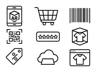 AR Shopping Icons. Outline icon set of AR shopping apps: smartphone screen, shopping cart, barcode, QR code,