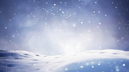 Winter snowfall over snowy landscape covered in snow. Snowflakes falling background