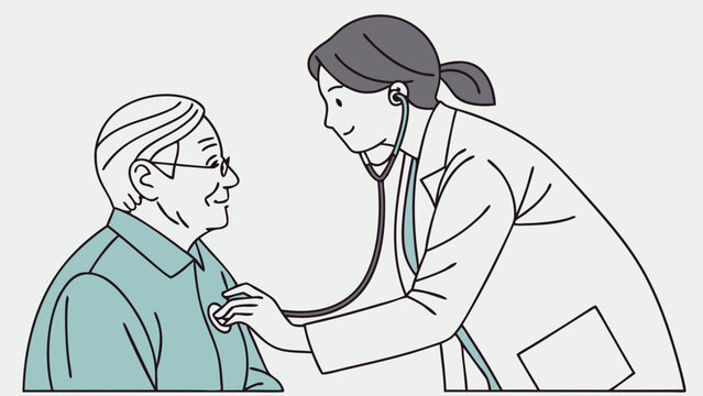 Female Doctor Examining Elderly Male Patient with Stethoscope During a Medical Check-up. Healthcare Consultation for Senior Adult in Minimal Line A...