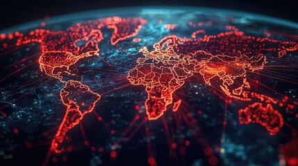 A world map with glowing red nodes representing cities and countries, connected by lines, set against a dark background.