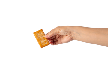 Square cracker in hand on transparent background