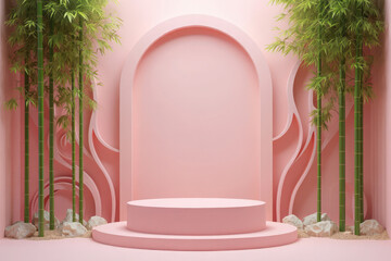 Elegant pink archway podium surrounded by bamboo and soft lighting
