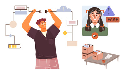 Man disconnecting wires from digital flowchart, fake content warning on screen, organized files on table. Ideal for misinformation, data sorting, tech systems, digital hygiene, communication