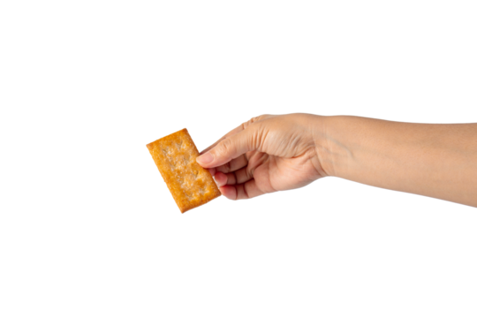 Square cracker in hand on transparent background - Powered by Adobe