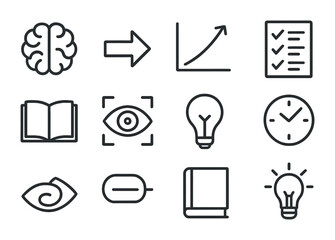 Attention Training Icons. Outline icon set of attention training: brain, arrow, upward graph, checklist, book,