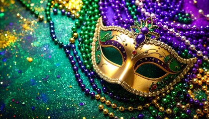 Ornate venetian carnival mask adorned with beads set against a colorful mardi gras backdrop
