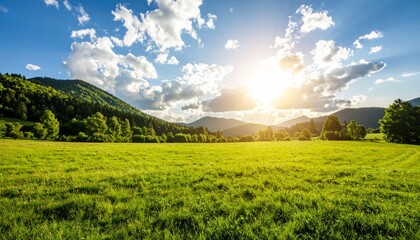 Beautiful meadow under bright afternoon sunlight with clouds gracefully illuminating landscape