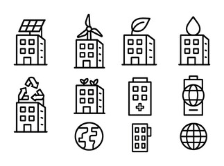 Eco Tower Icons. Outline icon set of eco-friendly towers: solar panel, wind turbine, leaf, droplet, recycling