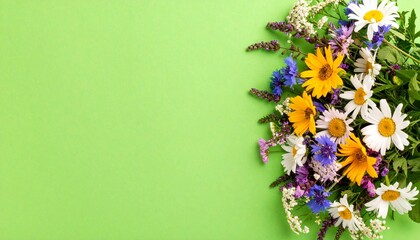 Beautiful bouquet of assorted wildflowers against a lush green background in nature
