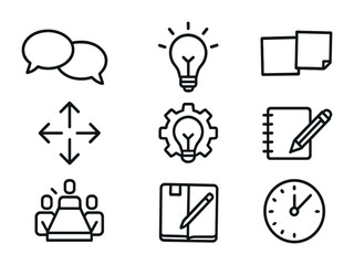 Brainstorming Icons Set. Outline icon set of brainstorming session: speech bubbles, lightbulb, team table,