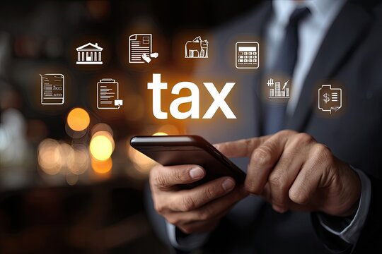 Businessman using phone, tax-related icons overlayed