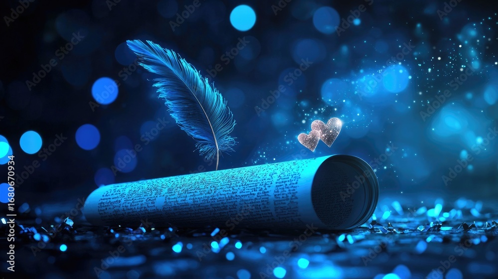 Wall mural a blue scroll with a feather and hearts on a dark background with bokeh lights.