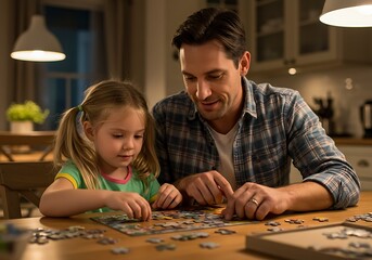 Father and daughter enjoying puzzle time