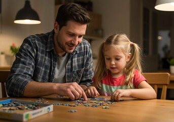 Fototapeta premium Father and daughter enjoying puzzle time