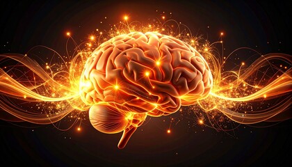 Glowing brain with fiery orange and yellow lines on dark background representing innovation