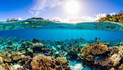 Vibrant coral reef in the maldives islands with exotic tropical fish and sunlit waters