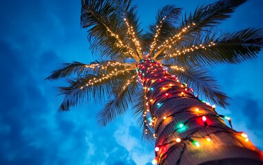 Palm tree adorned with glowing multicolored lights stands against the twilight sky